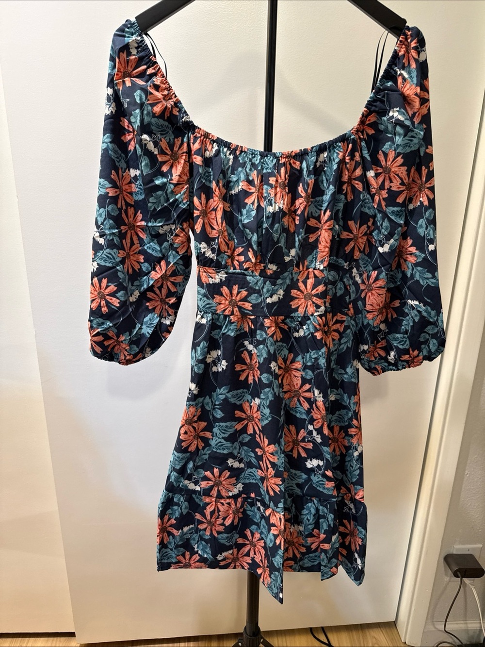 Umgee Off-the-shoulder Navy Floral Print Long Puff Sleeves Dress SizeS NWT